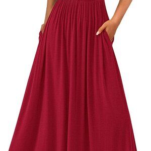 Women's Summer Dress Short Sleeve Ruched A Line Pleated Maxi Pockets